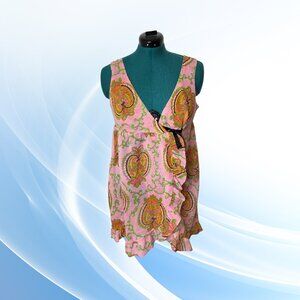 Vintage Pink Paisley Short PJ Set - Sleeveless Robe & Panties, Junior Large